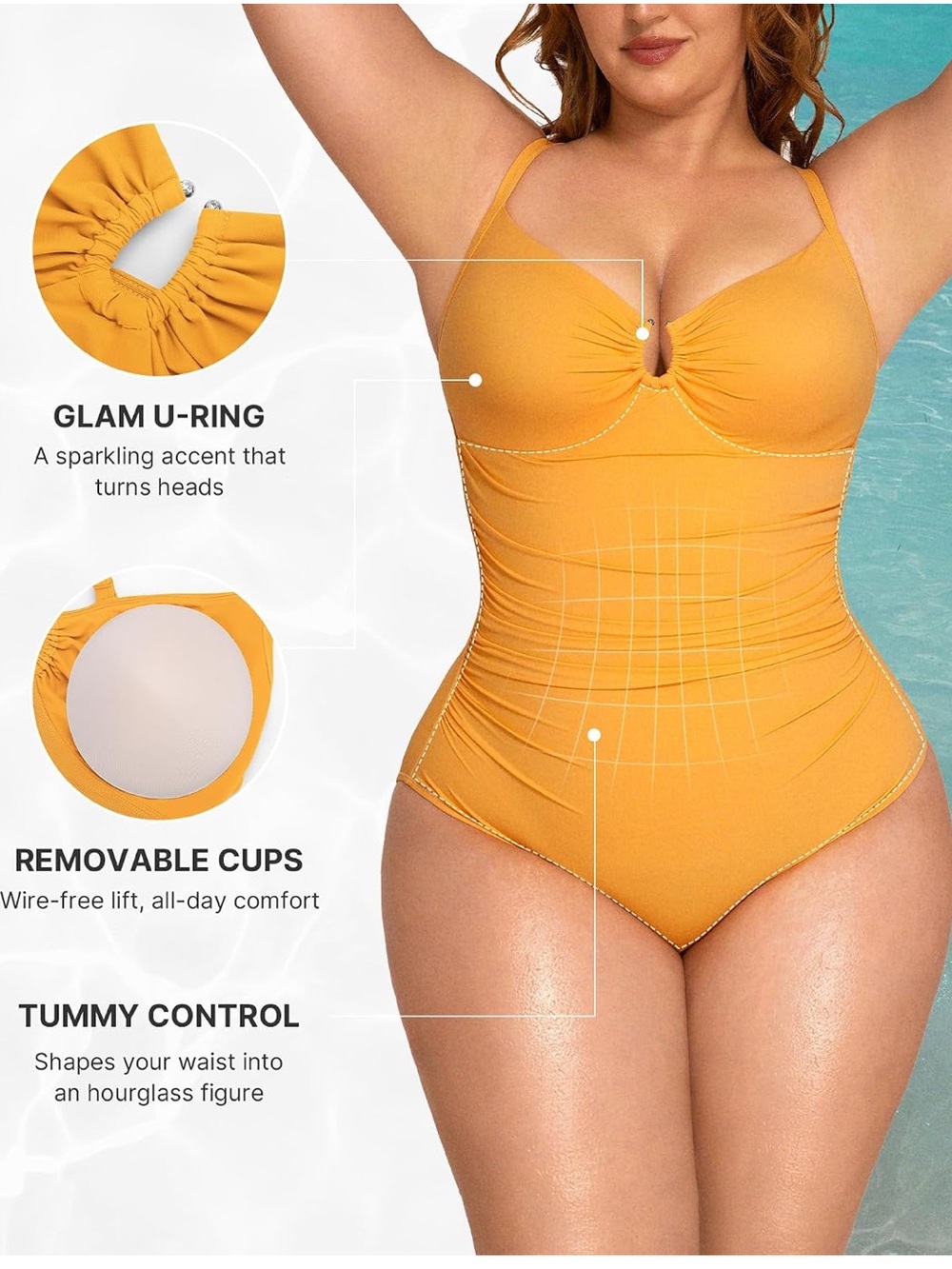 Women’s Tummy Control slimming Swimsuit One piece U-ring Shapewear Ruched waist - Picture 3 of 6